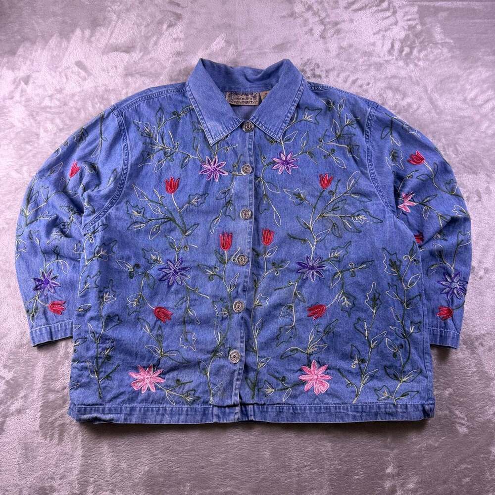 Vintage Tantrums Denim Jacket Womens 3XL Blue Floral Embroidered Boho 90s